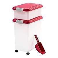 IRIS USA 3-Piece 41 Lbs / 45 Qt WeatherPro Airtight Pet Food Storage Container Combo with Scoop and Treat Box for Dog Cat and Bird Food, Stackable, Keep Fresh, Translucent Body, BPA Free, Red/Pearl