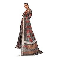 Grey Pink Bollywood Designer Box Checks Printed Indian Women wear Pure Silk Saree Blouse Traditional Festival Party Sari 1731