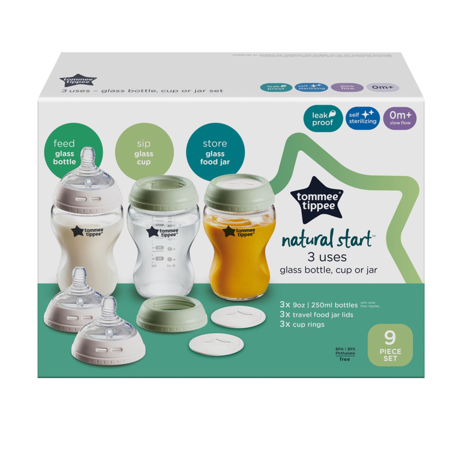 Tommee Tippee Natural Start 3 Uses Glass Baby Bottle, Cup or Jar Set, 9oz, Slow Flow Breast-Like Nipple for a Natural Latch, Leakproof Travel Food Jar Lids
