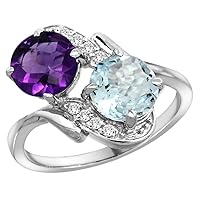 Silver City Jewelry 14k White Gold Diamond Natural Amethyst & Aquamarine Mother's Ring Round 7mm, 3/4 inch Wide, Sizes 5-10