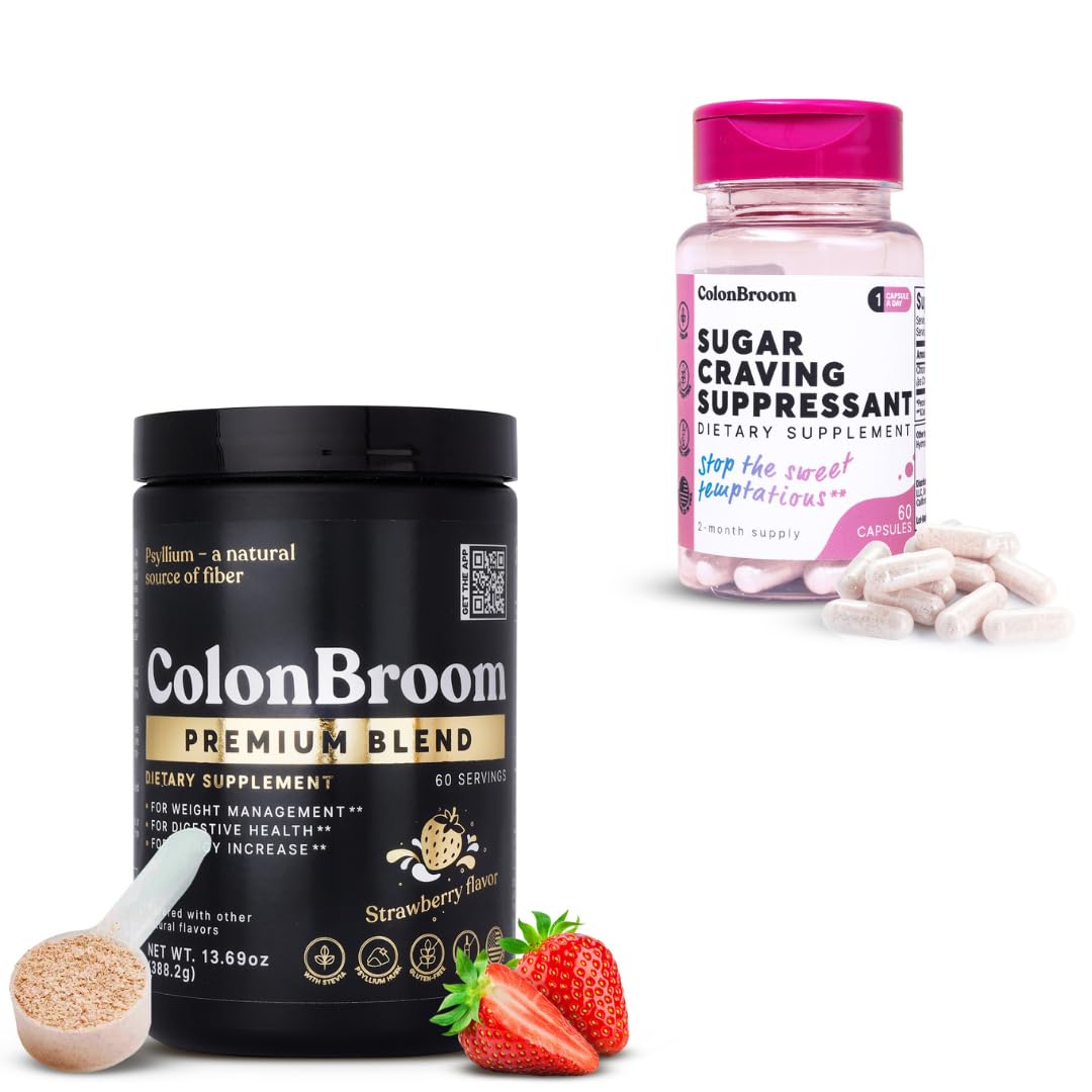 ColonBroom Premium Psyllium Husk Powder Sugar Craving Suppressant - Chromium Picolinate 200mcg, 2 Items - Colon Cleanser Supplement (60 Servings) + Sugar Craving Suppressant (60 Servings)