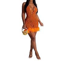 Womens Sexy Sleeveless Lace Up Halter Mesh Sequins Feather Hem Bodycon Party Clubwear Dress