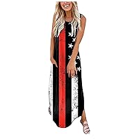 Maxi Dress for Women Independence Day Graphics Sundress Summer Loose Pocket Long Dress Sleeveless Split Beach Dress