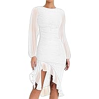 Women's Ruffled Cocktail Dress Long Sleeve Ruched Asymmetrical Dress Bodycon Plus Size Vintage Dresses