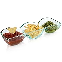 Glass Triple Dip Bowl, Divided Appetizer Serving Dish, 3-Compartment Snack Server for Entertaining, Party, Buffet, Event