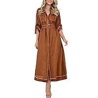 PRETTYGARDEN Women's Maxi Shirt Dress Casual 3/4 Sleeve Button Down Lapel V Neck A Line Belted Long Dresses