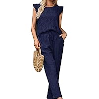 Two Piece Sets For Women Dressy, Women's Spring Summer Casual Neck Short Sleeved Pants Set, S XL