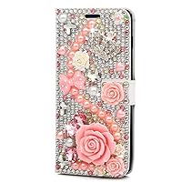 Crystal Wallet Phone Case Compatible with Samsung Galaxy S21 Ultra 5G - Crown Big Rose Flower Pink 3D Handmade Glitter Bling Leather Cover Screen Protector & Strip Lanyard 6.8-inch 2021