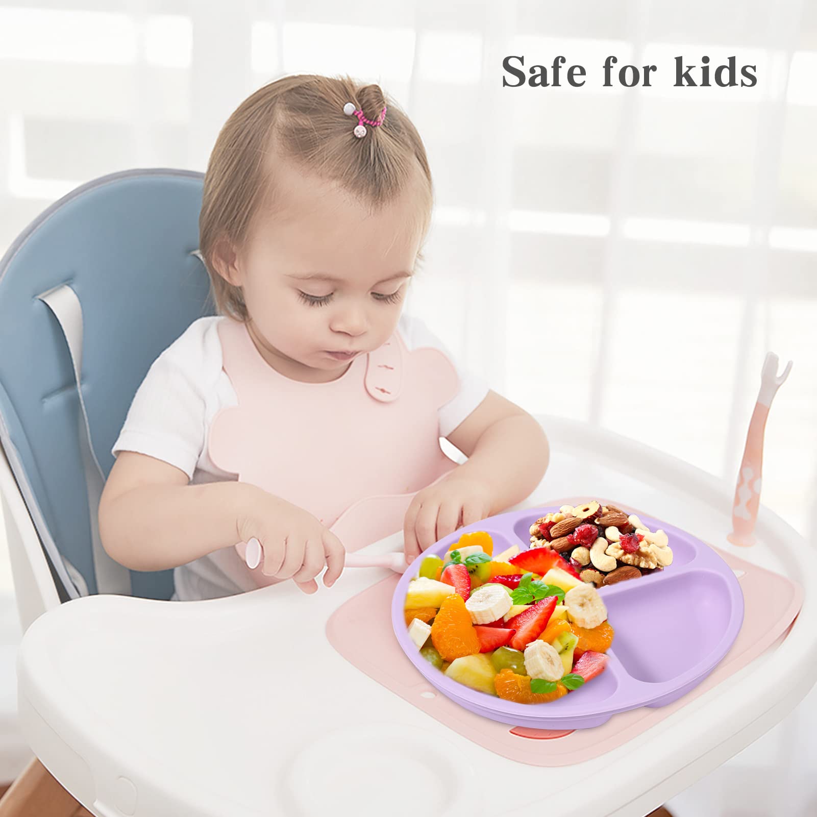 Cibeat 3pcs Toddler Plates with Suction, 100% Safe BPA Free Soft Toddler Plates Silicone Divided Plates, Portable Dinner Plates for Kids, Dishwasher, Microwave and Oven Safe
