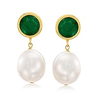Ross-Simons 9.5-10mm Cultured Pearl and 3.50 ct. t.w. Emerald Drop Earrings in 14kt Yellow Gold