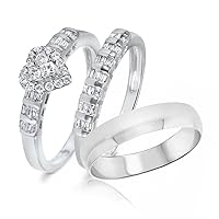 14K White Gold Fn 3/4 Ct Sim Diamond Men's & Ladies 3 Piece Trio Engagement Ring Set