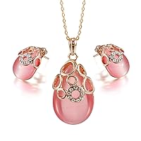 Rose Gold Color Pink Cat's eye Opal Teardrop Pendant Necklace Stud Earring Jewelry Set Gift For Women Girls S186