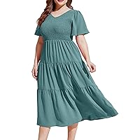 Womens Summer Linen Dresses V Neck Swiss Dot Tshirt Dresses Plus Size Midi Dress Tiered Swing A-Line Vacation Dress