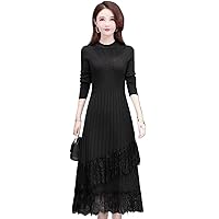 Spliced Lace Knitted Dress Women Fall Winter Thick Fleece Liner Warm Vintage Sweater Dress Casual Solid Midi Dress
