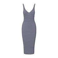 STAUD Women's Dana Navy White Micro Stripe Sleeveless Knit Midi Dress