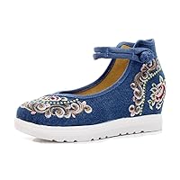 Women and Ladies Flower Embroidered Wedge Platform Mary-Jane Shoes Sandals Blue