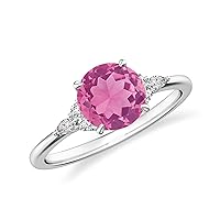 Natural Pink Tourmaline Round Solitaire Ring with Diamonds for Women in Sterling Silver / 14K Solid Gold/Platinum