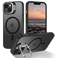 GUAGUA for iPhone 13 Case iPhone 14 Case 6.1 Inch Compatible with MagSafe Built-in Camera Ring Stand Translucent Matte Skin Feeling Slim Shockproof Protective Kickstand Case for iPhone 13/14, Black