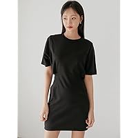 2023 Women's Dresses Solid Fitted Dress Women's Dresses (Color : Black, Size : Small)