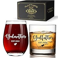 Est 2024 Godfather Godmother Whiskey & Wine Glass Godparent Gift Set, Novelty Cotton linen Wine Gift Birthday Thanksgiving Christmas Baptism Gifts for Godparent Men Women Her-m115