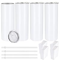 20oz Sublimation White Straight Blanks Skinny Tumbler with Straw, Sublimation Tumblers for Heat Transfer, Stainless Steel Travel Mug Double Wall Insulated Tumbler | Vinyl DIY Gifts, White 4 Pack