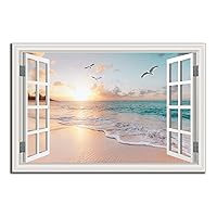 Beach Wall Art Picture for Living Room - Window Frame Style Canvas Wall Decor Ocean Sunset - Blue Sea and White Sand Painting on Canvas for Bedroom Office Home Decoration