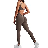 YEOREO Sleeveless Jumpsuits for Women Sexy Backless Gym Bodycon Lizvette V Back Scrunch Butt Rompers Coffee S
