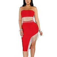 Womens Sexy 2 Pieces Wrapped Chest Solid Color Crop Top Irregular Tassel Dress Set Nightclub Dress Set