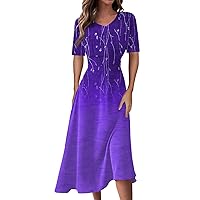 Midi Dresses for Women Print Color V-Neck Short Sleeve Waist Long Swing Dress