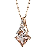 PEORA Natural Morganite and Diamond Pendant for Women 14K Rose Gold 1.50 Carats Princess Cut, AAA Grade, with 18 inch Chain