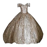 2024 Luxurious Gold Embellished Sequined Lace Applique V Neck Off The Shoulder Prom Formal Dress Ball Gown