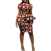 African Dashiki Dresses for Women Ankara Print Short Sleeve One Shoulder Knee-Length Fashion Dress