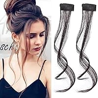 10 inches Natural Long Wavy Curly 3D Air Bangs Hair Clip in Extensions 100 Real Human Front Side on Fringe with Temples Hairpiece for Women Daily Wear 2pcs set Black