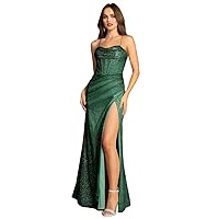 Sparkly Prom Dress for Women Mermaid Cowl Neck Formal Gown Side Slit Coeset Back Ruched Cocktail DressEV1128
