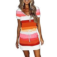 Womens Summer Dresses 2024 Drawstring Waist Tropical Beach Casual V Neck Dress Front Pockets Spaghetti Strap Sundress