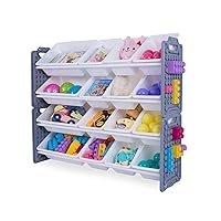 UNiPLAY Toy Organizer with 16 Removable Storage Bins, Multi-Bin Organizer for Books, Building Blocks, School Materials, Toys with Baseplate Board Frame (Gray)