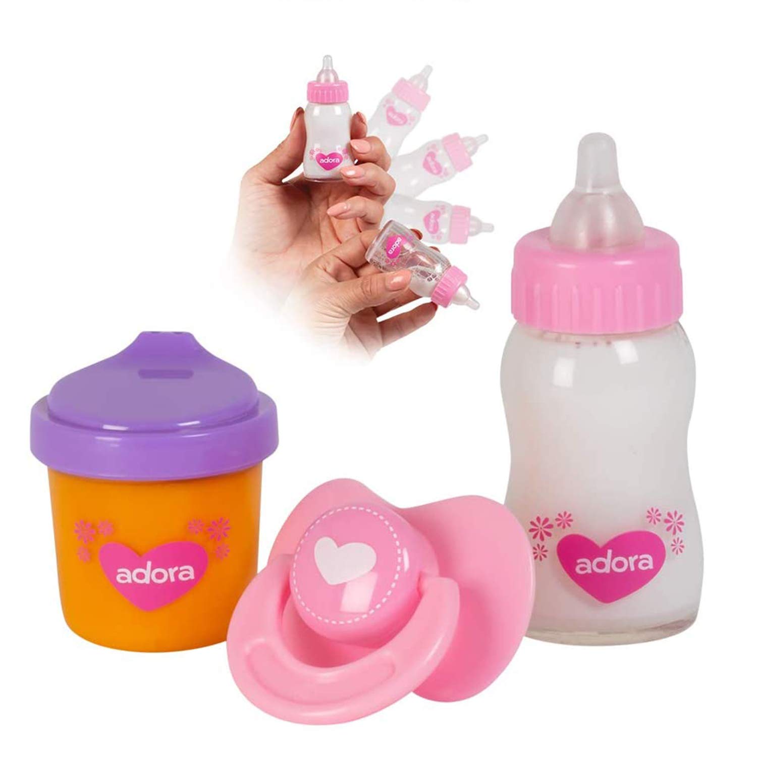 Adora Baby Doll Accessories Magic Sippy Set, Pacifier and Magic Baby Doll Bottles with Disappearing Milk and Orange Juice