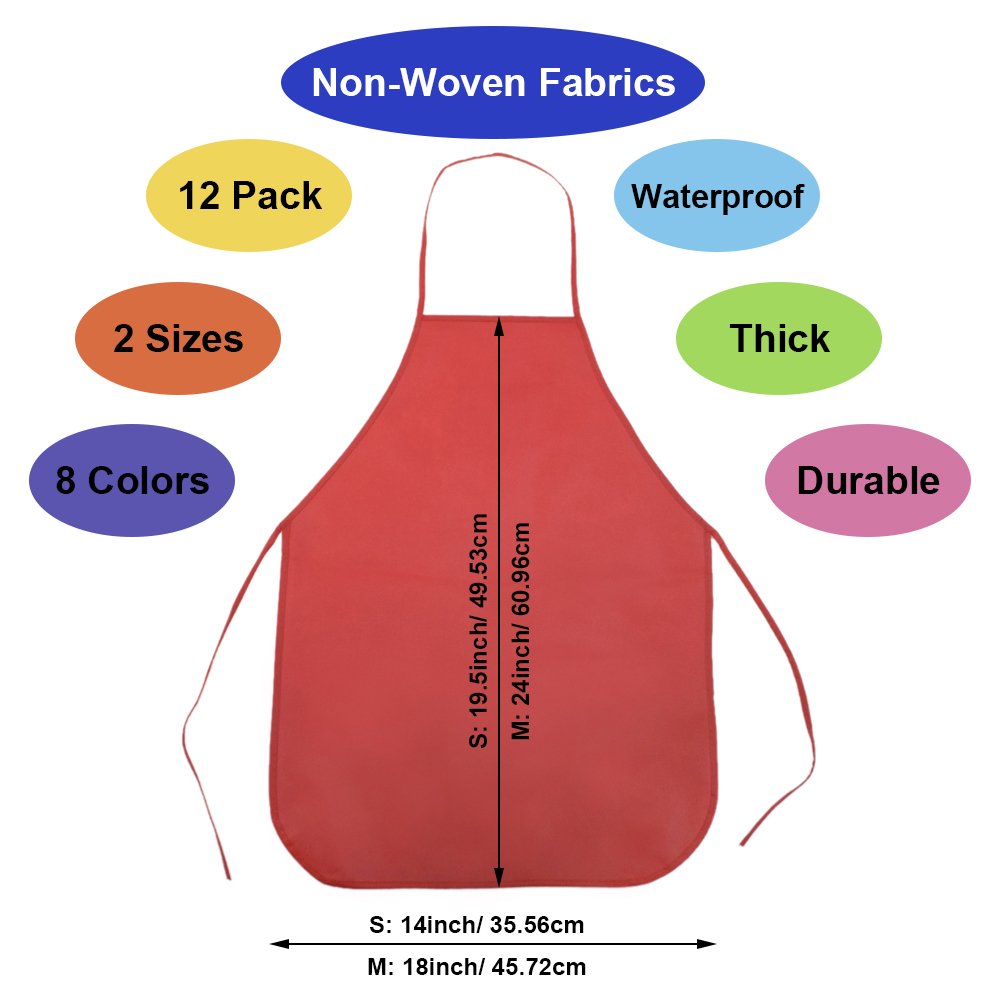 TopTie 12 Pack Non-woven Fabric Children Kids Apron for Classroom, Kitchen, Community Event, Handcraft & Art Painting