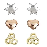 Sterling Silver Tricolor Heart, Star and Celtic Knot Stud Set