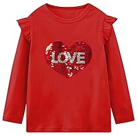 Valentine's Day Shirt for Girl Heart Flip Sequin Ruffle Tops Kids Long Sleeve Blouse for 3-8 Years