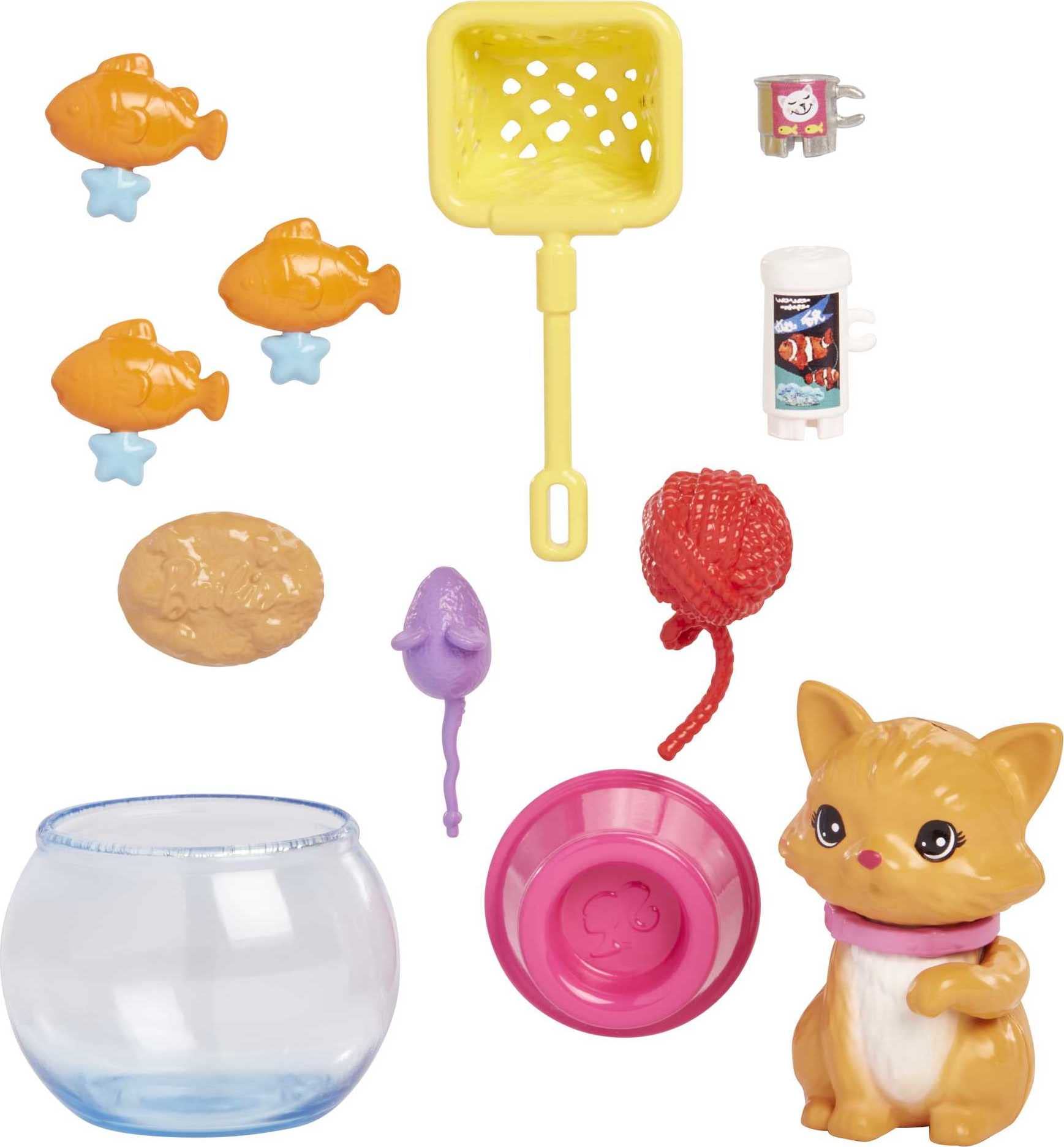 Barbie Pets and Accessories, Interactive Kitty Playset with Moving Paw and Head, 11 Animal Themed Pieces