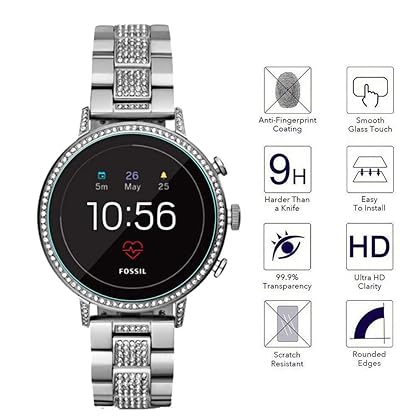 Orzero (3 Pack) For Fossil Women's Gen 4 Q Venture HR Smartwatch Tempered Glass Screen Protector, 2.5D Arc Edges 9 Hardness HD Anti-Scratch Bubble-Free (Lifetime Replacement)
