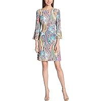 Tommy Hilfiger Women's Round Neck Printed Bell Sleeve Dress, Bright Pink Multi, 8