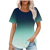 Womens Summer Tops Casual Scoop Neck Pleated Flowy Tunic Tops Basic Short Sleeve Gradient Loose Fit Shirts Blouses