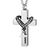Double Cross Cremation Ash Urn Necklace With Crystal Stainless Steel Waterproof Cremation Jewelry Memorial Pendant (Silver Tone)