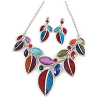 Statement Multicoloured Glass, Crystal Leaf Necklace and Drop Earrings In Rhodium Plating - 40cm L/ 8cm Ext