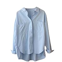 Womens Cotton Shirt Button Up Shirt Front Pocket Loose Irregular Shirt Casual Top Korean Blouse White