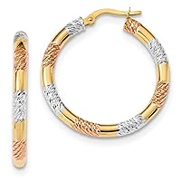 14K Rhodium Plated Yellow Gold with Rose and White Rhodium Diamond Cut 3.0mm Hoop Earrings