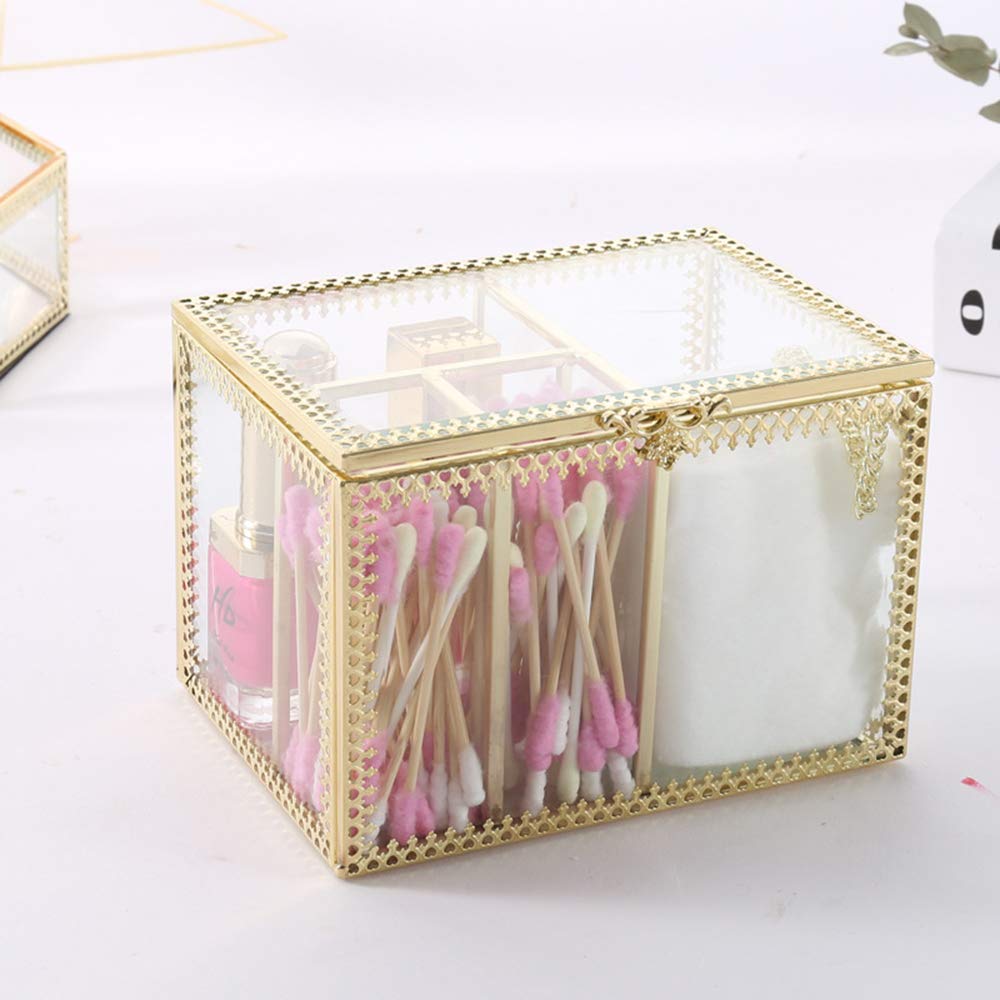 Booluee Vintage Golden Glass Lidded Box Qtip Holder Dispenser Jewelry and Cosmetic Makeup Organizer for Cotton Ball, Cotton Swab, Q-Tips, Cotton Pad, Makeup Brush, Cosmetics, Jewelry
