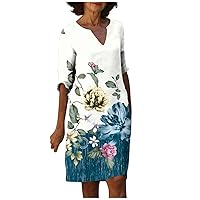 Linen Dress for Women Casual Short Sleeve Notch V Neck T Shirt Dresses Vintage Floral Print Baggy Midi Sundress